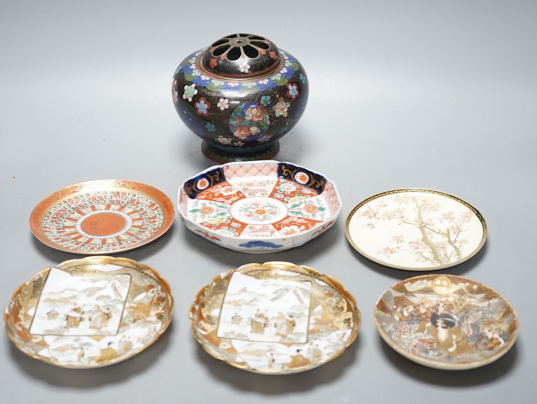 Two Japanese Satsuma pottery saucers, three Kutani saucers, and Imari dish and a Japanese cloisonné enamel koro and cover